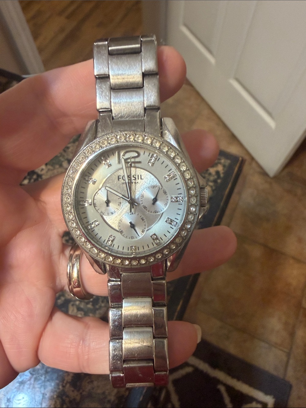 Fossil Silver Crystal-Accented Stainless Steel Link Watch, needs new battery